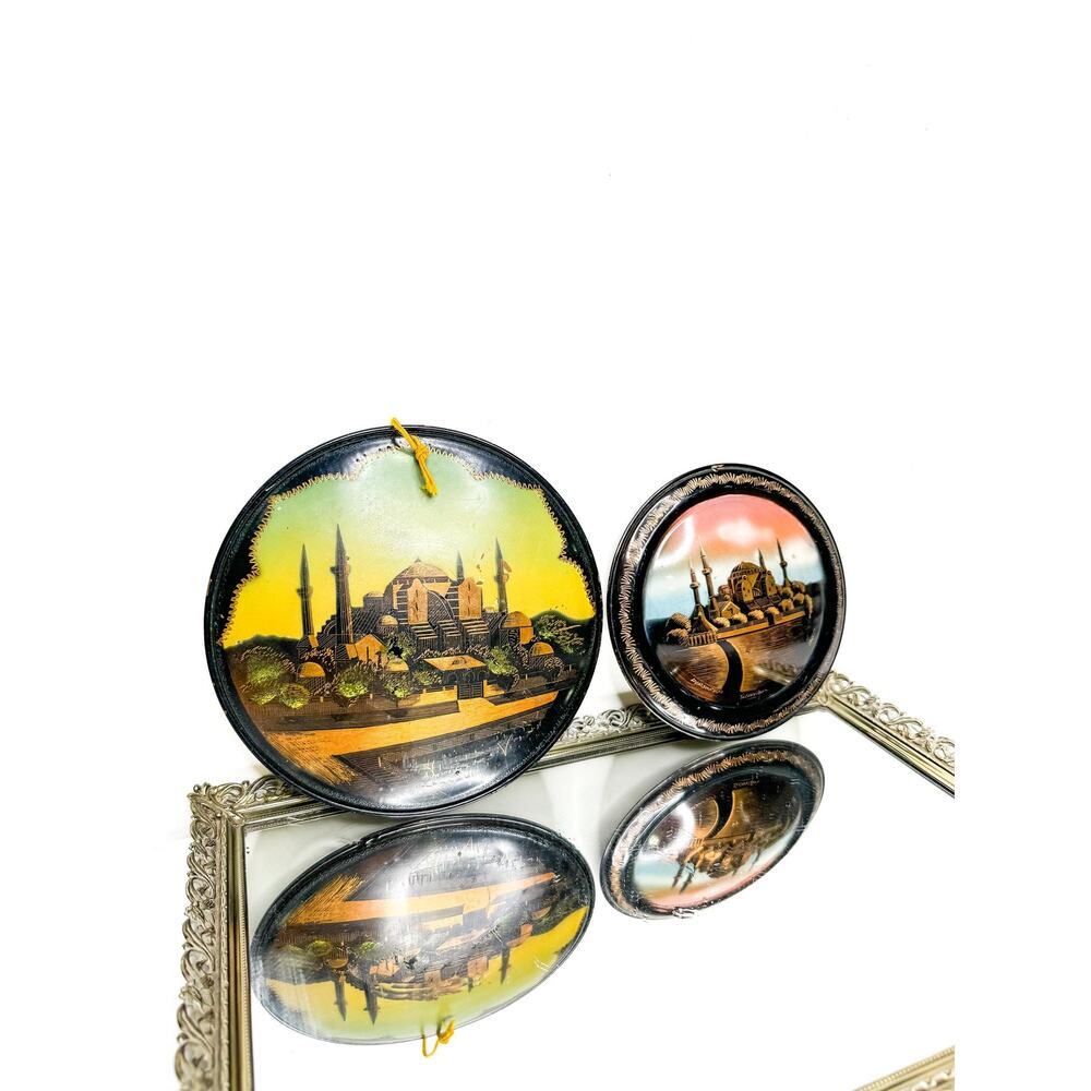 2 Mid-Century Copper Wall Plates Scenic Istanbul Signed Art Plates